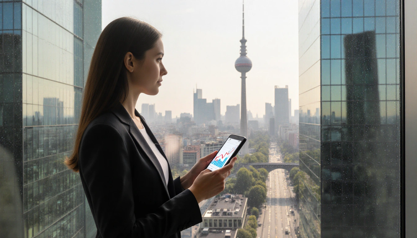Young woman stands confidently in front of a large window gazing out at a smartphone screen displaying a significant increase