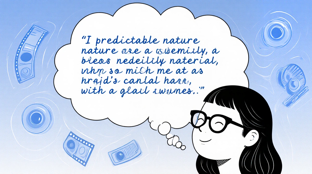 Woman with glasses releases witty speech bubble showing cursive text with film strip swirls