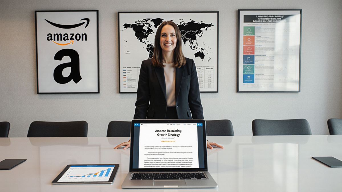 Beth Galetti leading at boardroom table with laptop showing her blog post and charts of Amazon growth