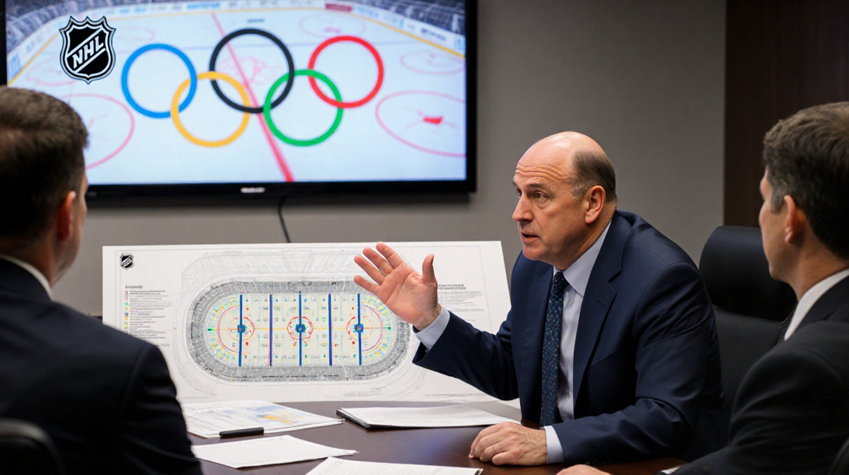 NHL Commissioner Bettman presenting arena plans with Olympic officials at meeting table with NHL logo