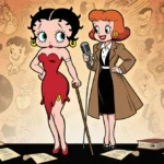 Betty Boop and Blondie stand holding cane and microphone with dress 1950s coat amid cartoon collage.