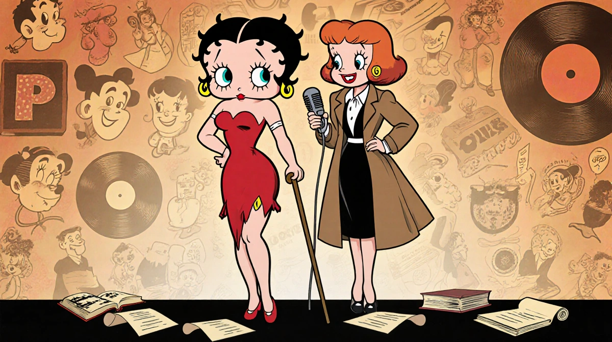 Betty Boop and Blondie stand holding cane and microphone with dress 1950s coat amid cartoon collage.