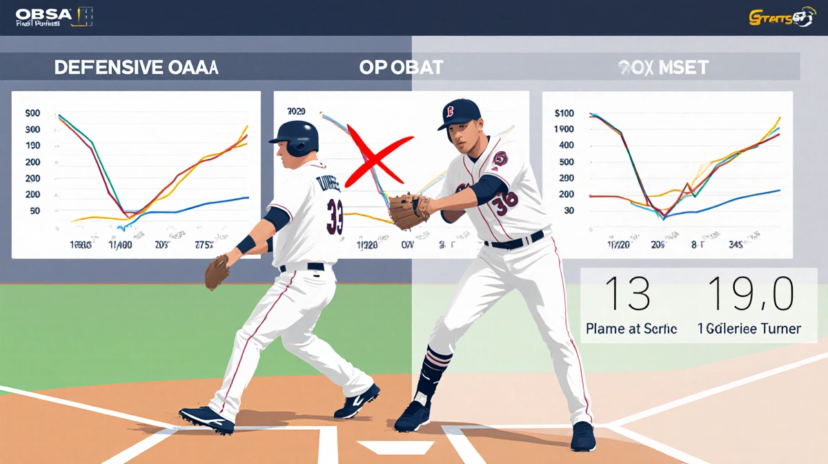 Bichette standing at baseball shortstop with red X over OAA stat and a split screen comparing him to Turner on a leaderboard.