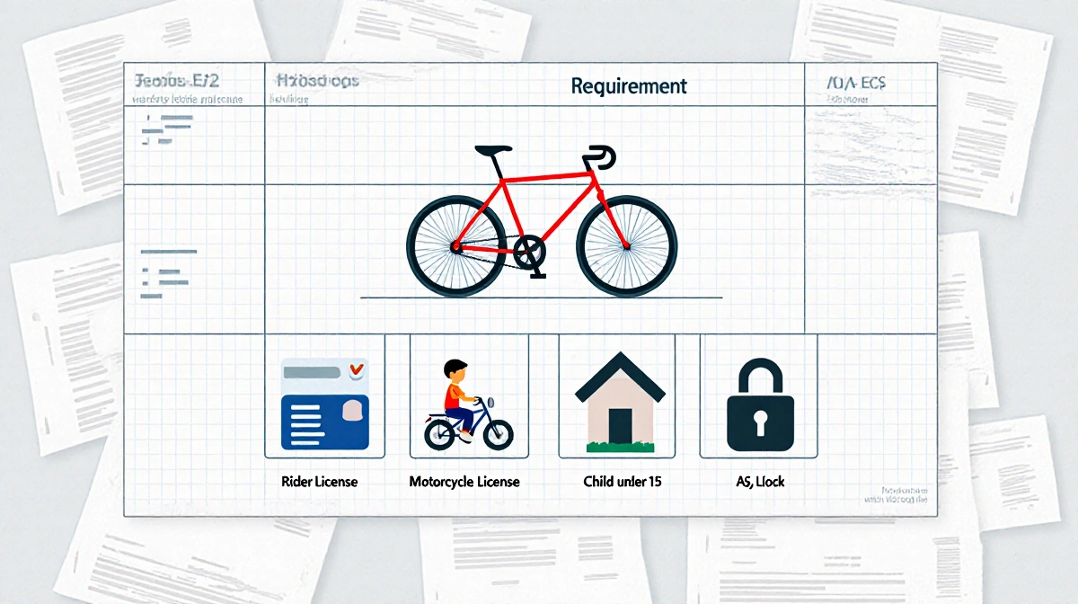 Bicycle stands beside a two-column requirements table with rider status icons showing license types and regulations