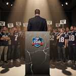 Bill Belichick standing alone near cracked pedestal with disappointed fans holding Not Me signs in soft golden light