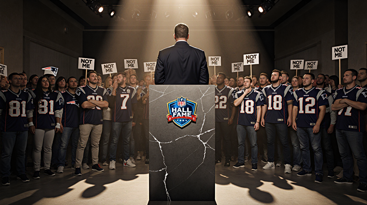 Bill Belichick standing alone near cracked pedestal with disappointed fans holding Not Me signs in soft golden light