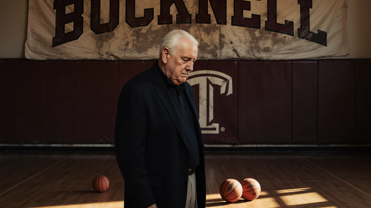 Bill Courtney stands before faded Bucknell banner with bowed head and scattered basketballs showing coaching legacy
