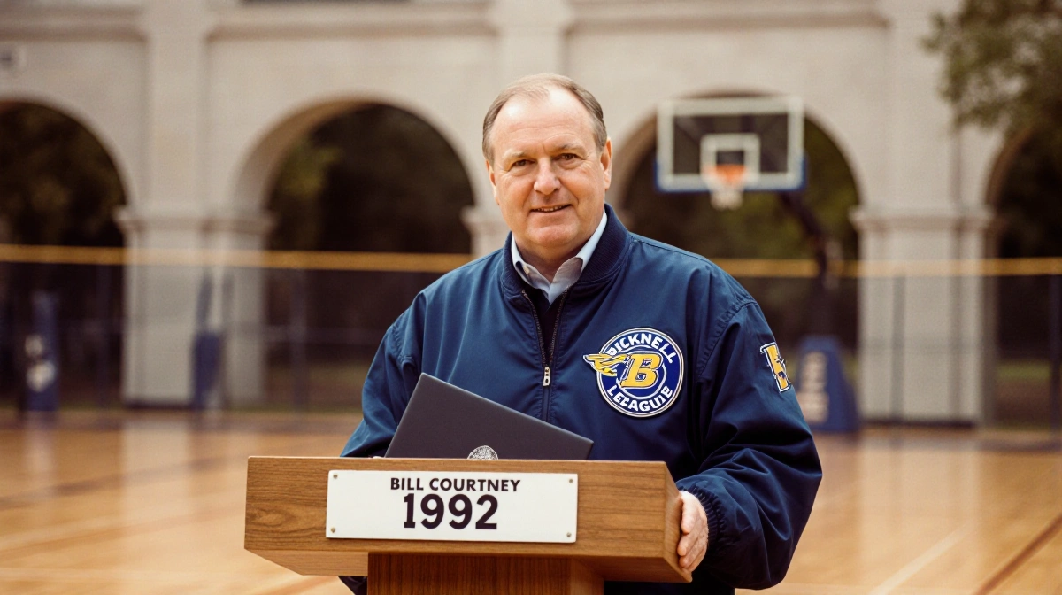 Bill Courtney stands holding diploma with Bucknell University jacket and Patriot League logo