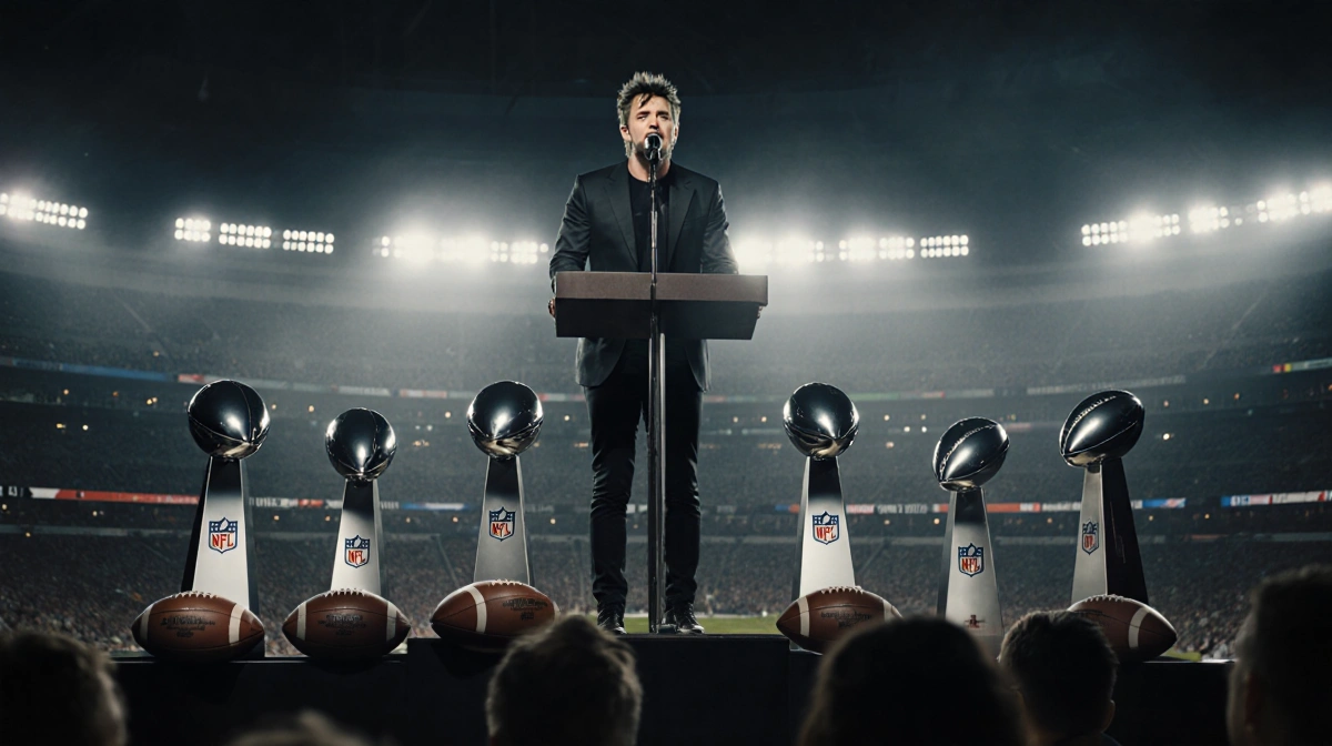 Billie Joe Armstrong performing on stage with empty NFL trophy cases and Super Bowl MVPs in background