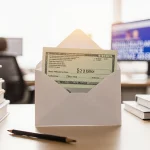 Open envelope holding $2 billion check sits on desk with medical journals and office supplies in soft window light