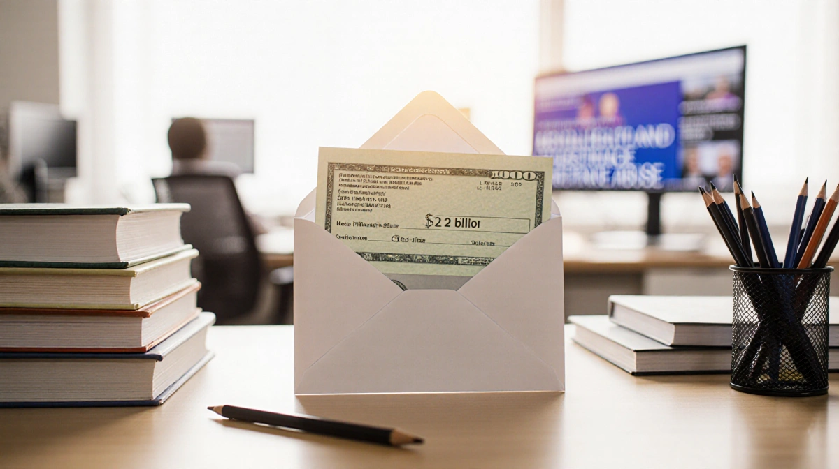 Open envelope holding $2 billion check sits on desk with medical journals and office supplies in soft window light