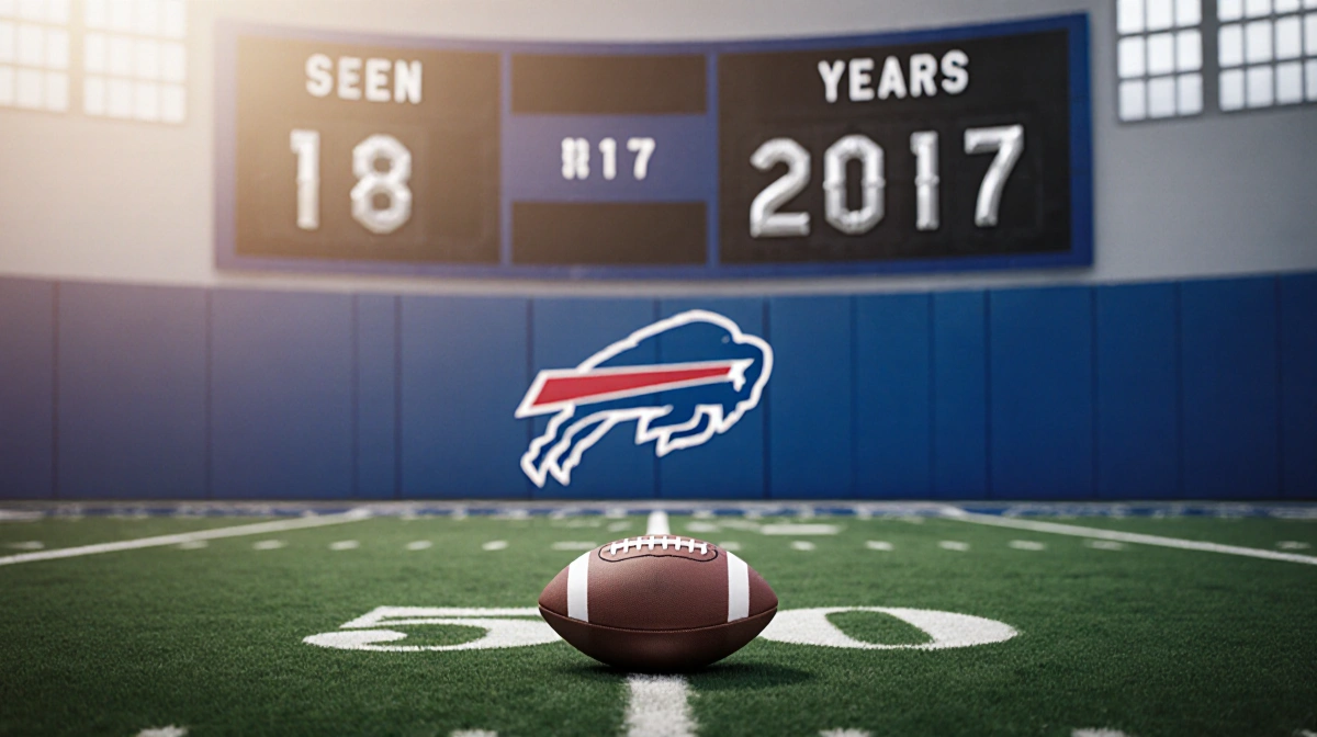 Football sits at midfield on a green-to-blue field with scoreboard showing 18 years and 2017