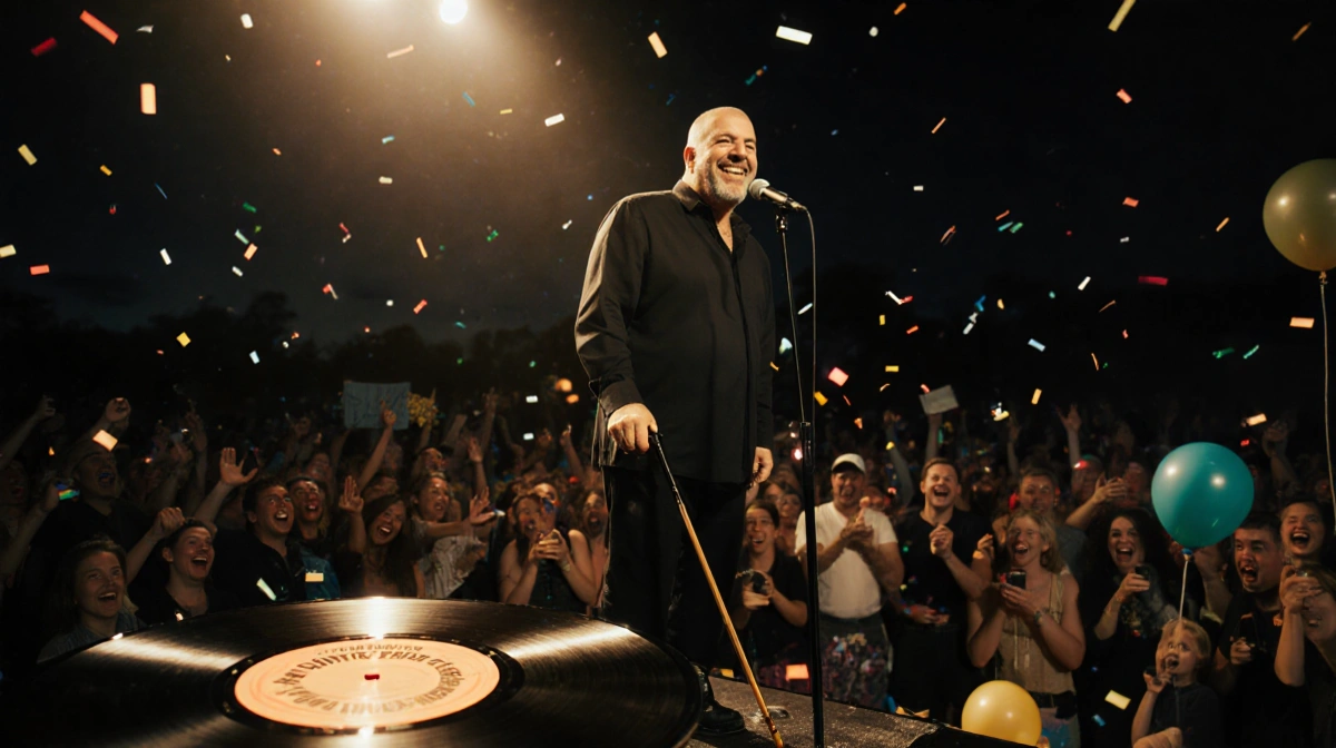 Billy Joel stands at microphone with a cane while a vinyl record and confetti light up the stage.