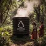 Children gather around a biochar reactor in a lush forest with sunlight filtering through the canopy