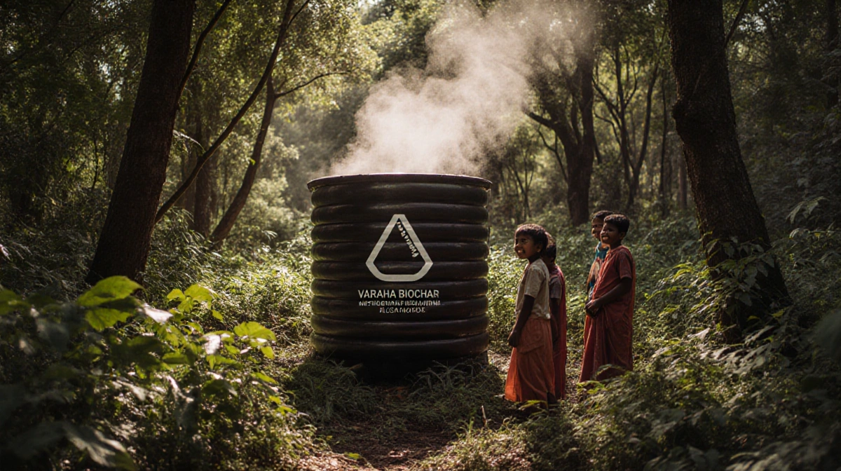 Children gather around a biochar reactor in a lush forest with sunlight filtering through the canopy