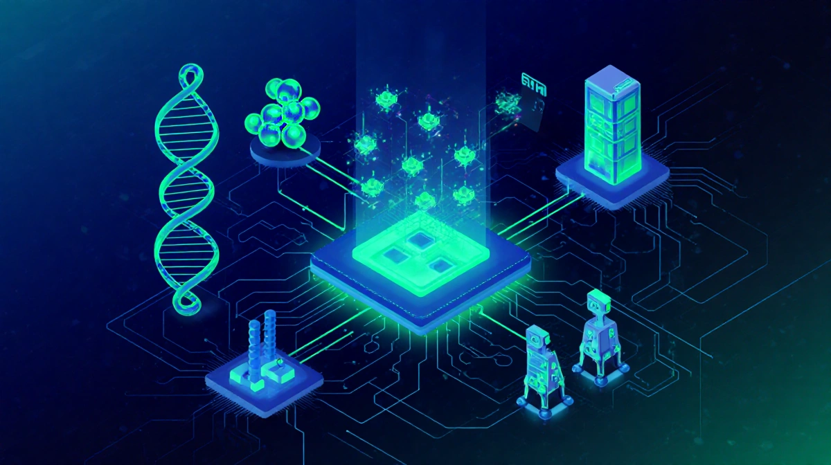 Bioinformatics workflow connects glowing DNA helices and protein structures with neon circuit nodes showing pharma integratio