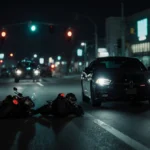 Black Dodge Charger speeding away from crash with headlights glowing and two motorcycle riders lying motionless on the road.