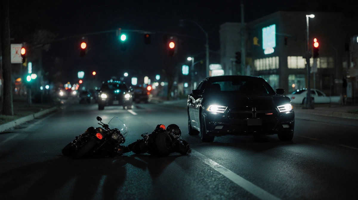 Black Dodge Charger speeding away from crash with headlights glowing and two motorcycle riders lying motionless on the road.