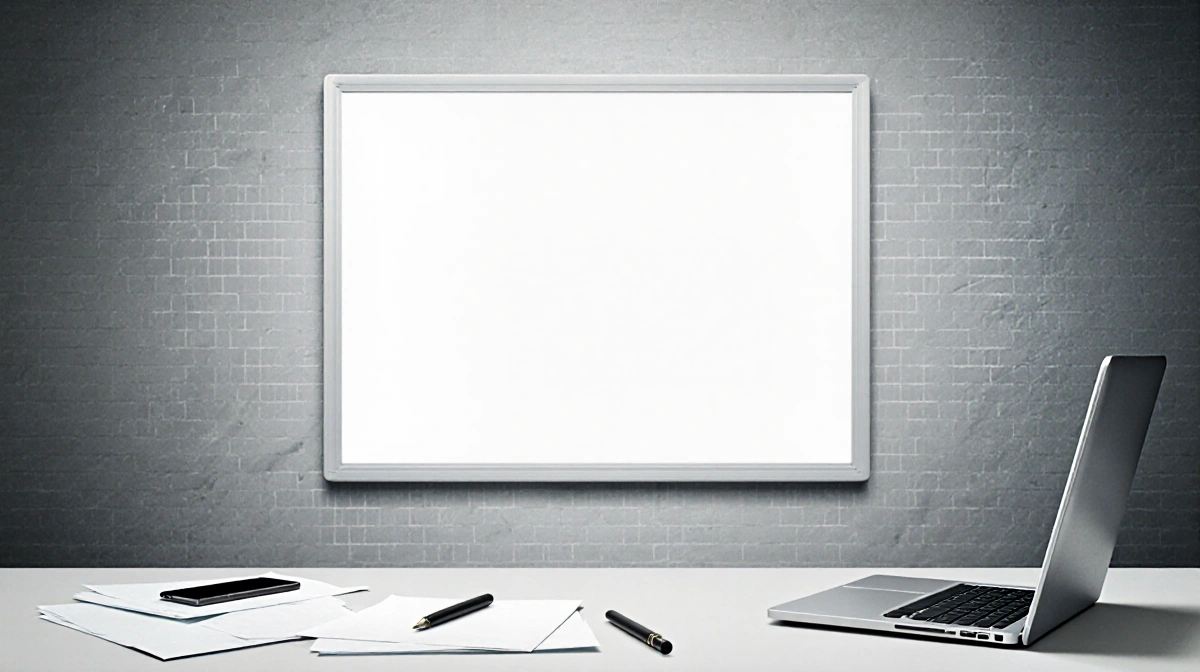 Empty whiteboard stands with faint grid pattern and scattered office supplies showing information void