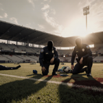 Police officers kneel on a dusk soccer field with a motionless body and shattered stadium chairs.