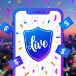 Bluesky app screen glowing with LIVE badge and colorful cashtags swirling against dusk city skyline