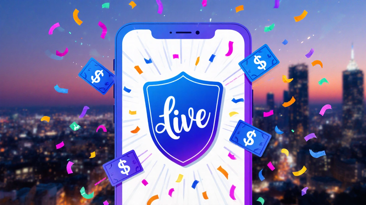 Bluesky app screen glowing with LIVE badge and colorful cashtags swirling against dusk city skyline