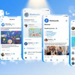 Bluesky social media feed shows colorful Starterpacks profiles with trending hashtags and community leaders under warm blue g