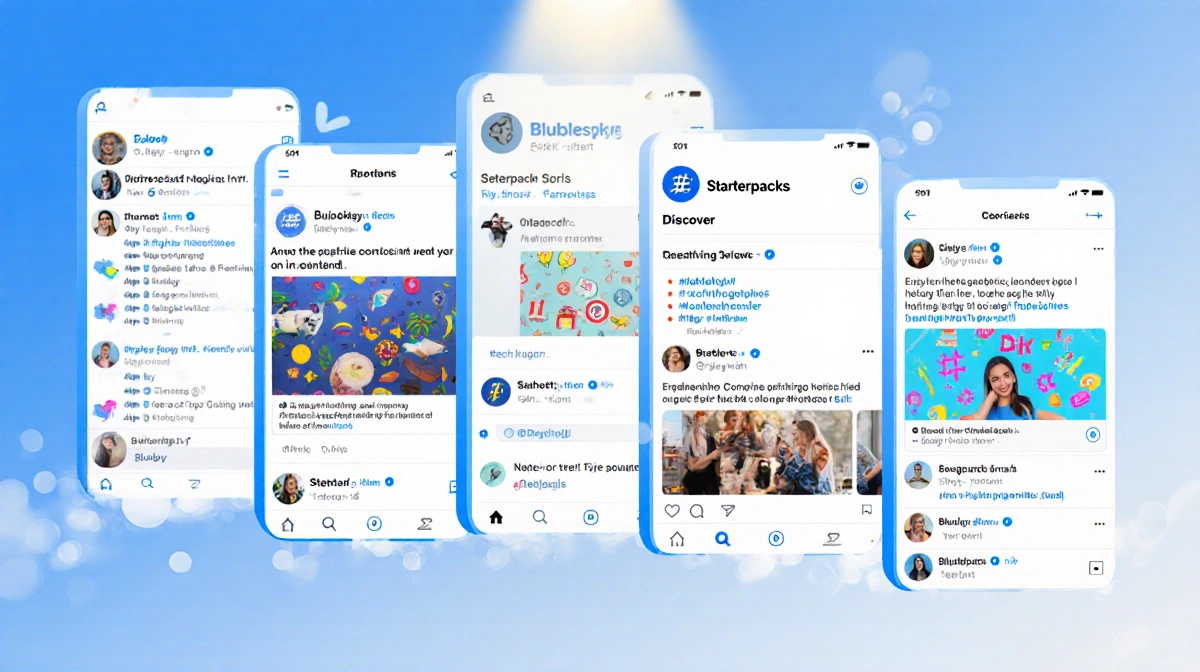 Bluesky social media feed shows colorful Starterpacks profiles with trending hashtags and community leaders under warm blue g