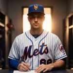 Bo Bichette signing Mets contract with New York logo behind him and golden locker room glow