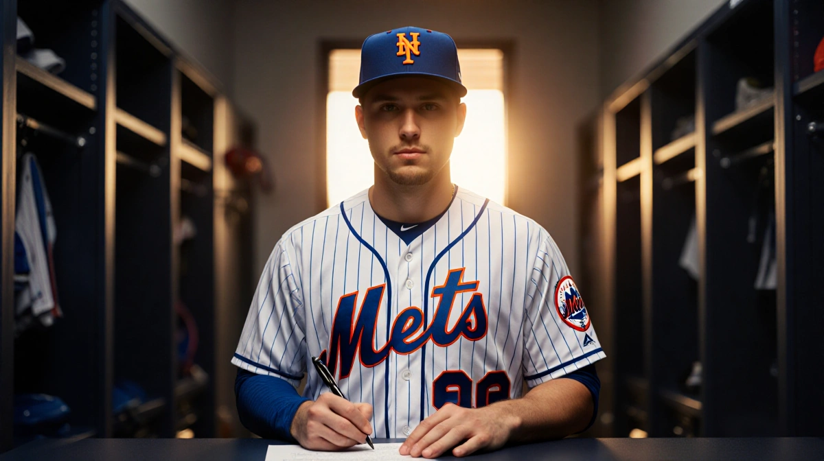Bo Bichette signing Mets contract with New York logo behind him and golden locker room glow
