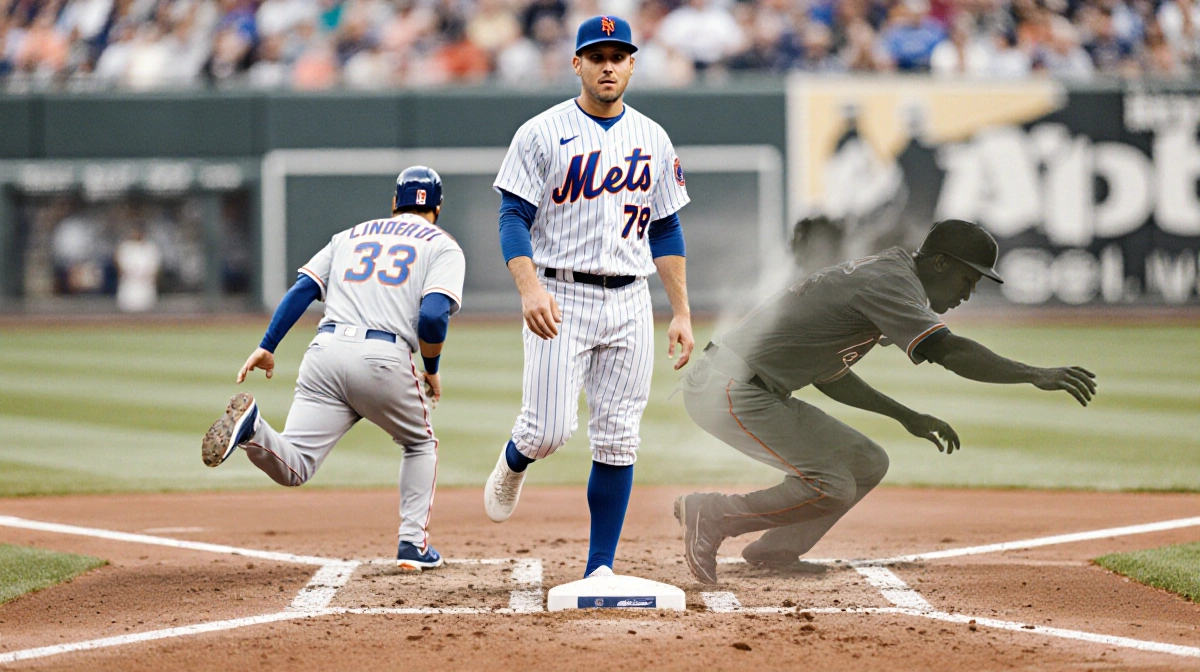 Bo Bichette stands at third base wearing Mets uniform with Francisco Lindor's sliding silhouette and blurred stadium behind