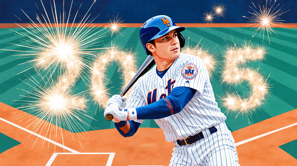 Bo Bichette swinging bat with fireworks showing Mets stats and blue orange colors