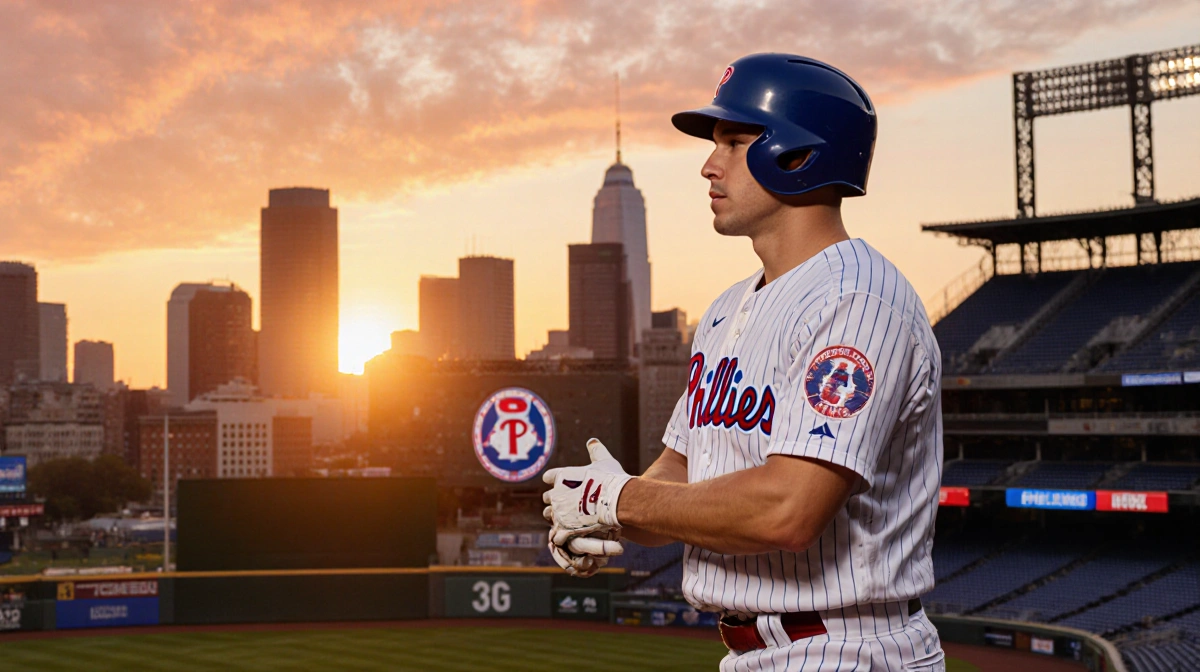 Bo Bichette stepping up to the plate with bat and gloves in hand and Citizens Bank Park skyline glowing in sunset behind him