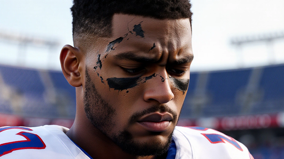 Bo Nix looking down with clenched jaw and cracked skin showing disappointment with blurred Bills stadium behind