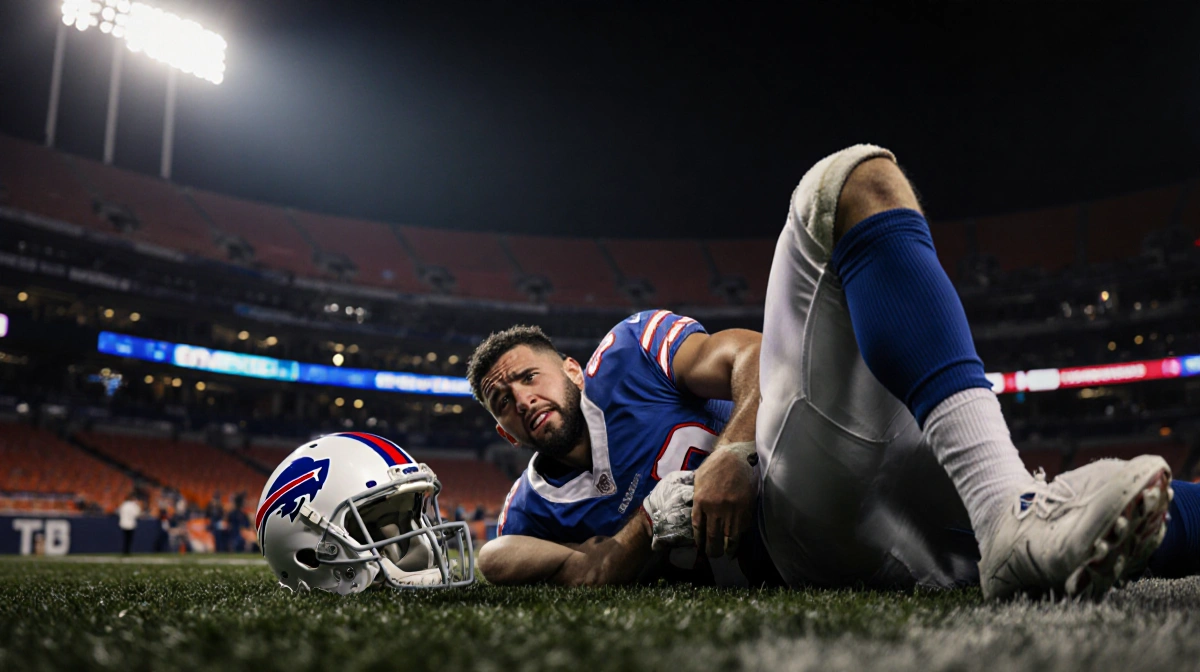 Bo Nix clutching ankle in pain with Buffalo Bills helmet visible and Denver Broncos stadium looming behind