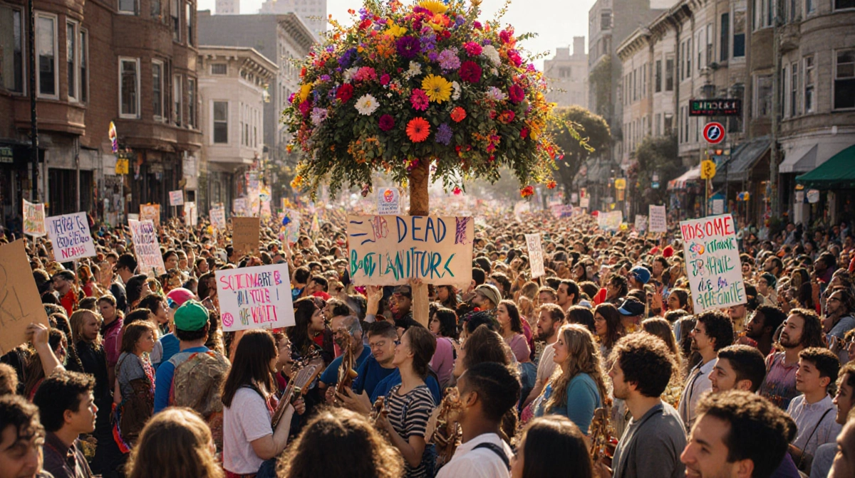 Crowd celebrates Bob Weir tribute with colorful flowers and handmade signs showing gratitude