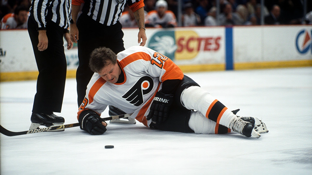 Bobby Brink lying on ice clutching his leg with trainers rushing to help and Tampa Bay logo visible on bench