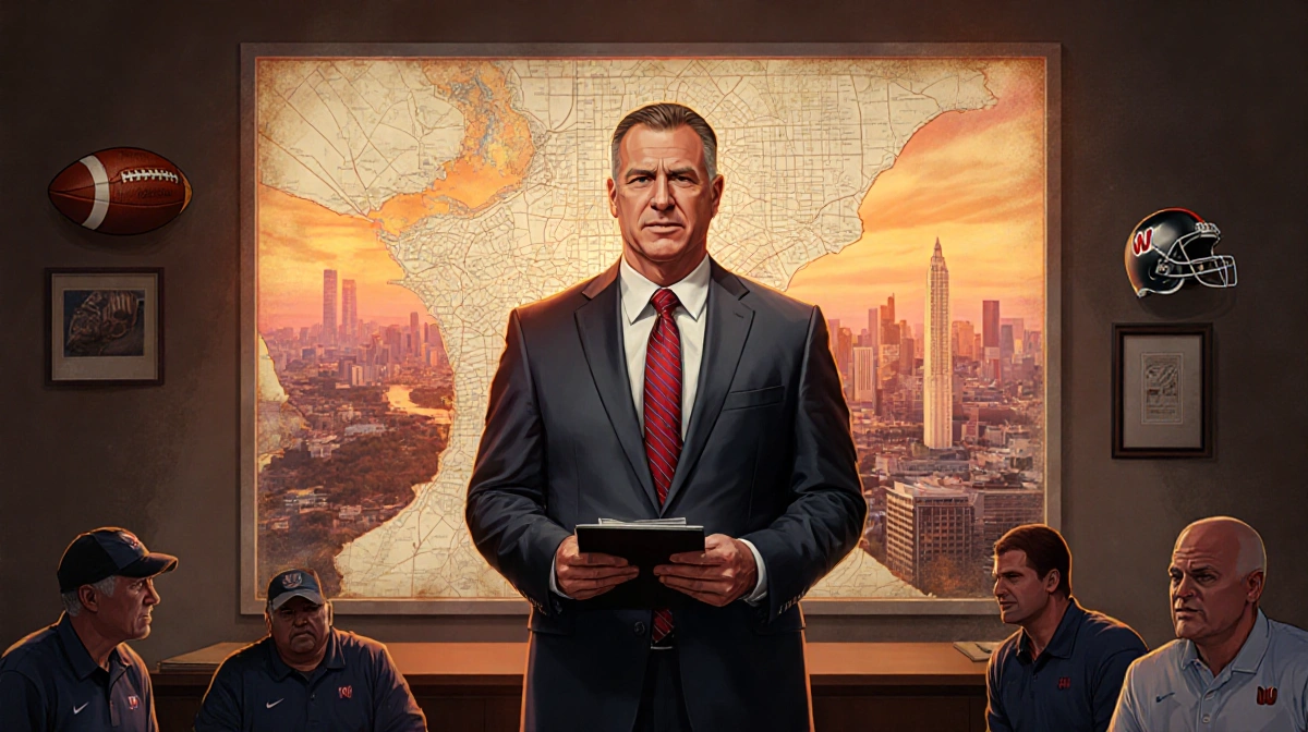 Coach Bobby Slowik stands with notebook before Washington D.C. cityscape at sunset with NFL footballs and staff members behin