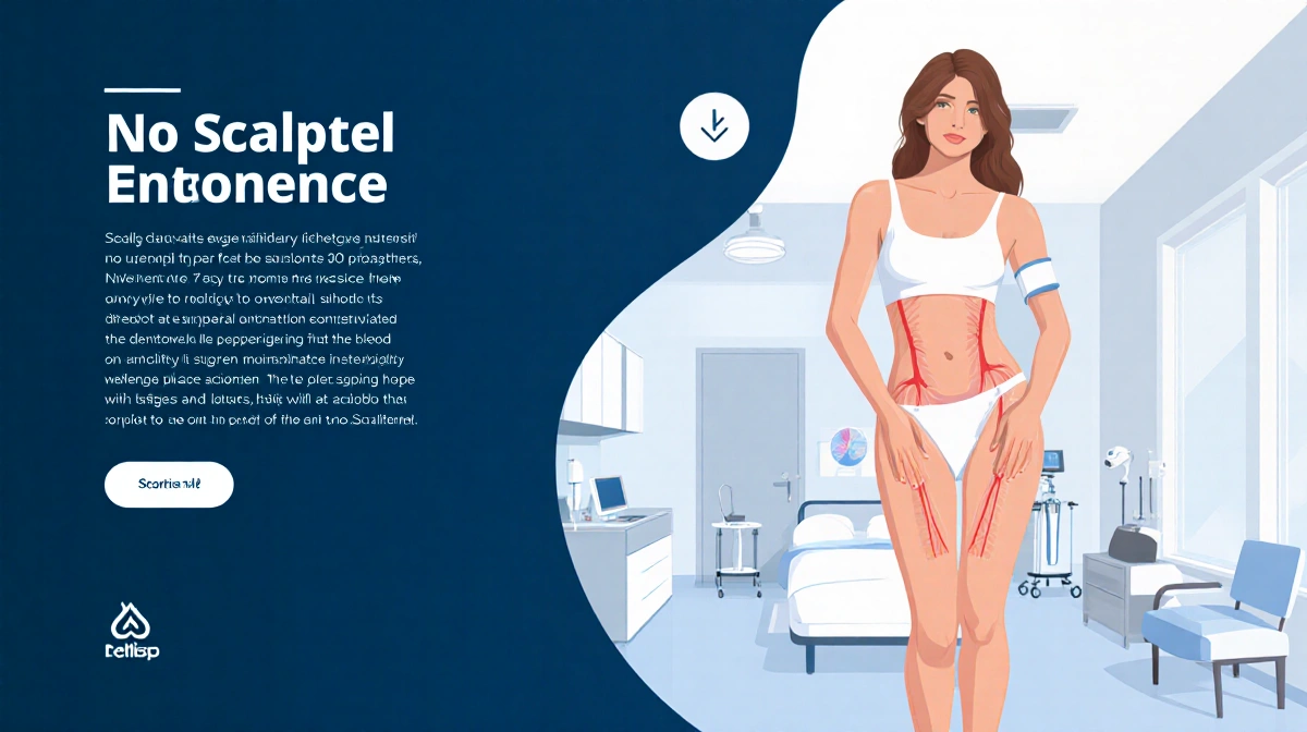 Model standing with body contouring and minimal scarring with clean background and subtle surgical tools no scalpel