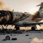 Charred aircraft wreckage lies scattered across a snowy runway with golden sunset glow and smoke from emergency vehicles.