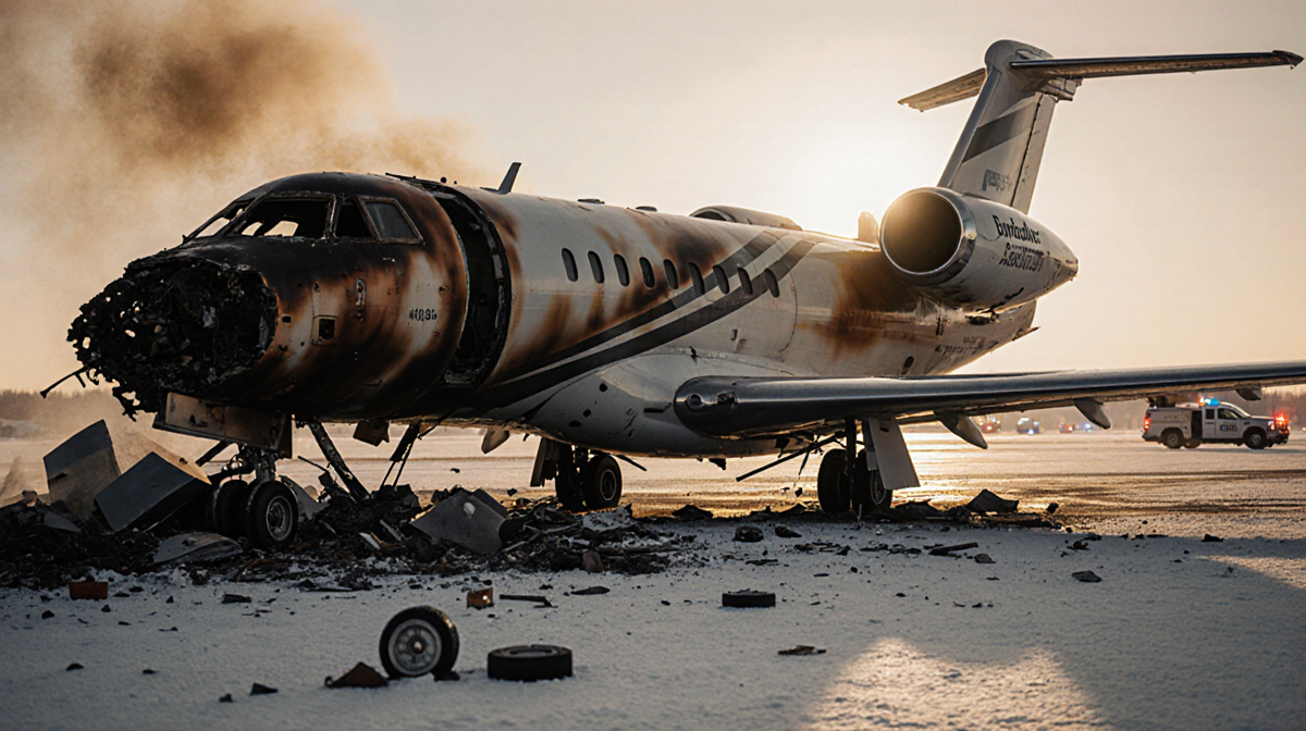 Charred aircraft wreckage lies scattered across a snowy runway with golden sunset glow and smoke from emergency vehicles.