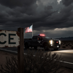 Border patrol truck parked on deserted highway with American flag flapping behind and faded ICE sign near thorny bushes