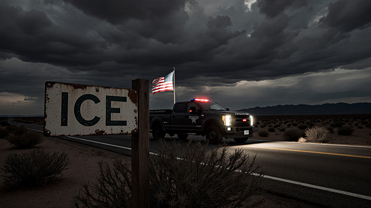 Border patrol truck parked on deserted highway with American flag flapping behind and faded ICE sign near thorny bushes
