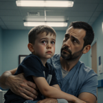 Young boy sits with father