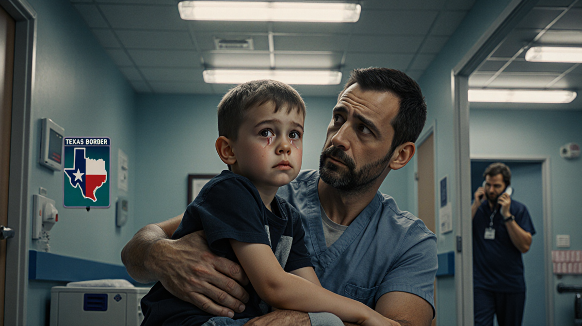 Young boy sits with father