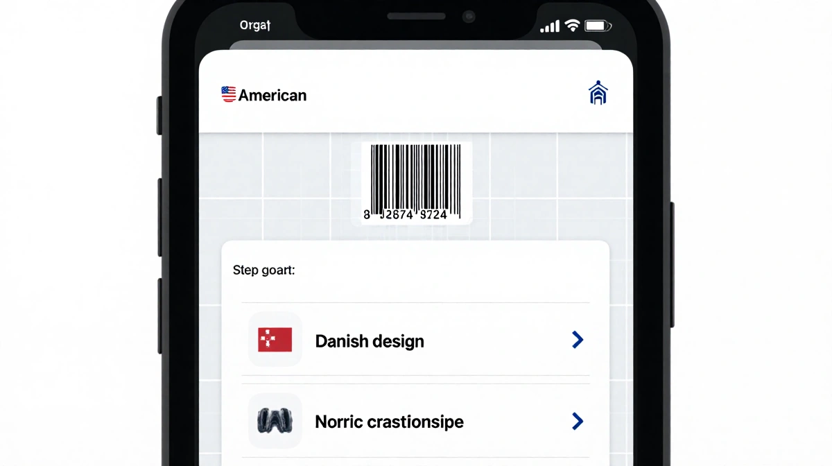 Smartphone screen showing barcode scanner with American product and Danish alternatives listed below