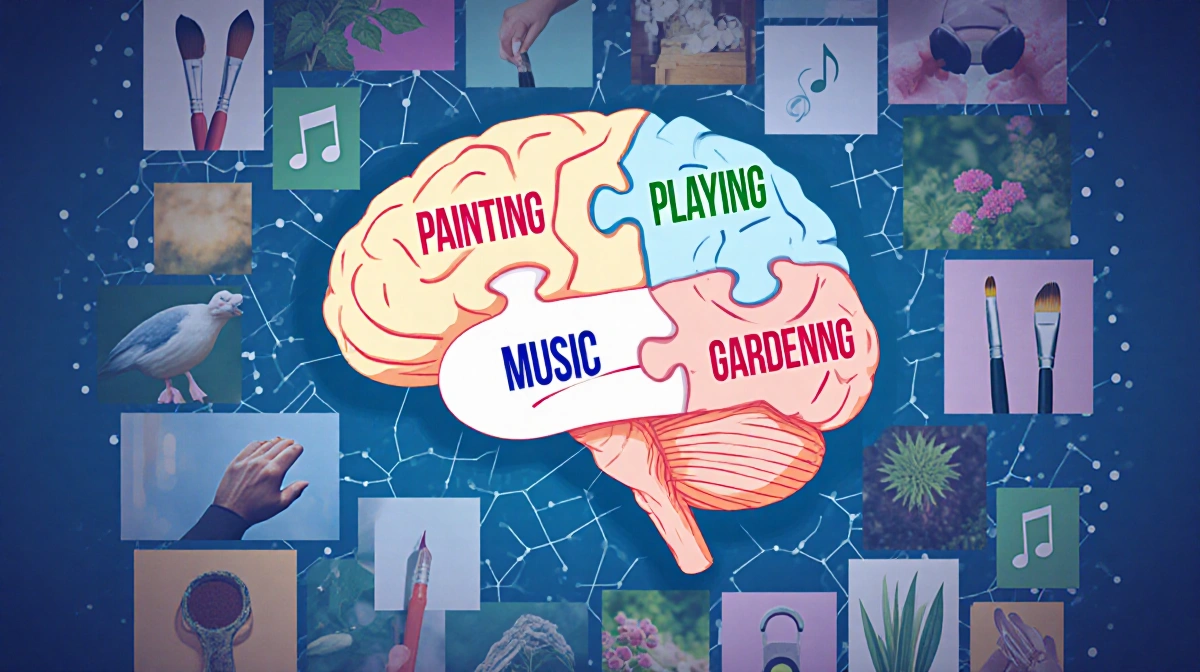 Brain with puzzle pieces labeled hobbies fitting together with paintbrushes and gardening tools around it