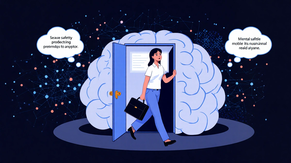 Anthropomorphic brain with revolving doors shows researcher leaving with briefcase and concerned expression near neural netwo