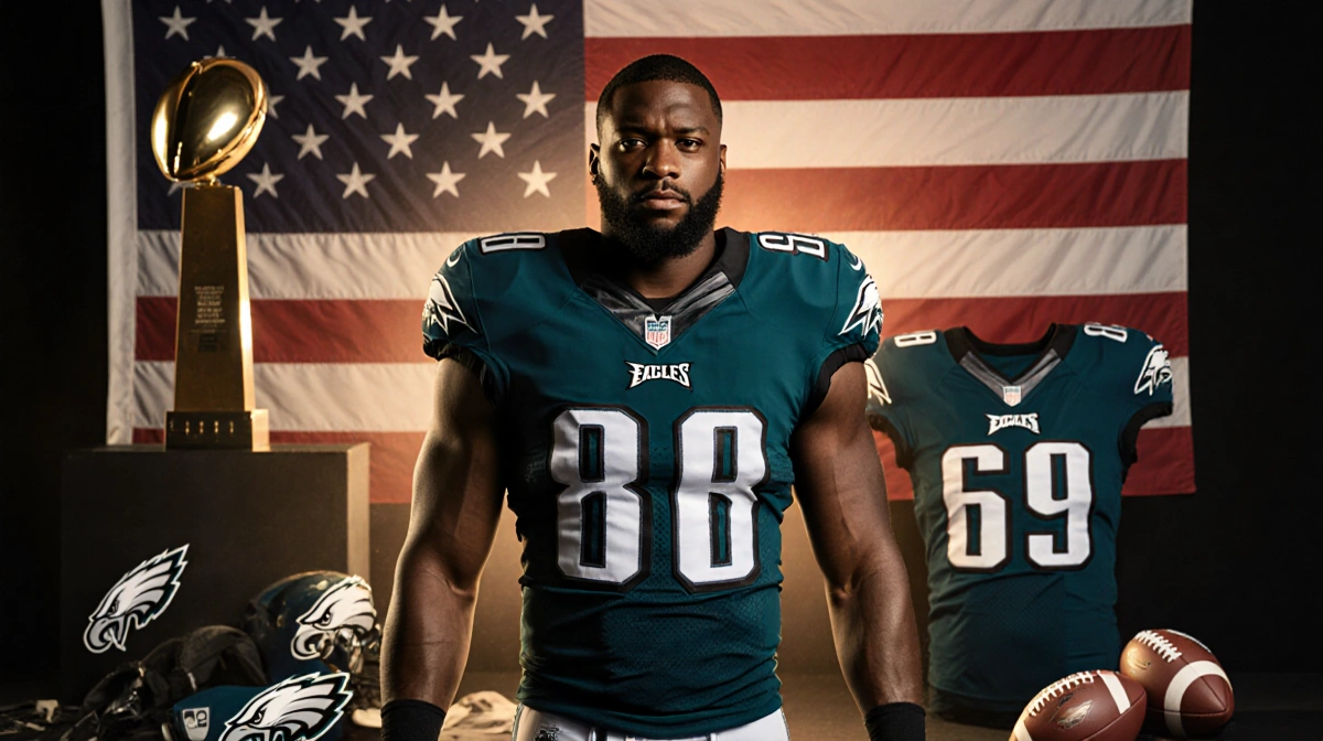 Brandon Graham stands determined with football gear and Eagles jersey showing championship optimism