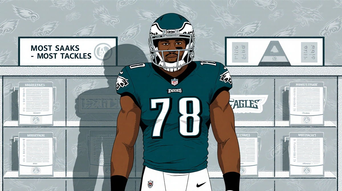 Brandon Graham stands with record book showing Eagles career milestones and team logo background